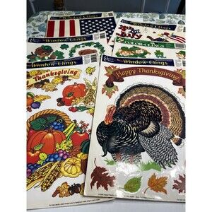 6 Vintage Color Window Clings Thanksgiving Harvest 4th of July, St Patrick’s Day